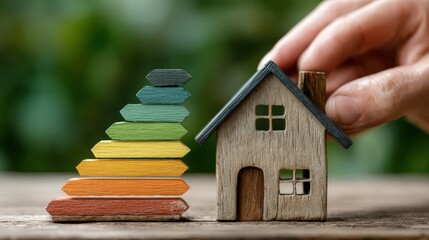 House model with colorful energy efficiency levels and hand adjusting the roof during a sunny day outdoors