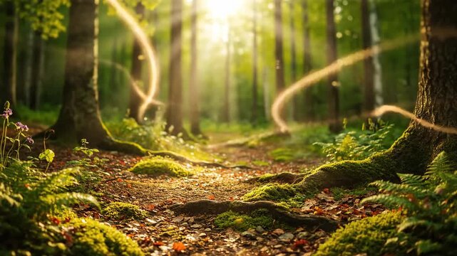 Magical forest scene with sun rays, green moss, sunlight, pathway, and trees creating nature wonderland in fantasy woodland
