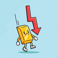 Sad Gold Bar Character Falling Down with Red Arrow Indicating Decline.