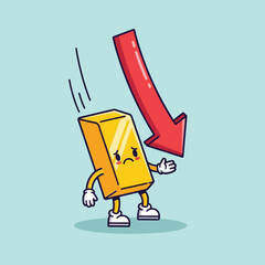 Sad Gold Bar Character Falling with Red Downward Arrow.