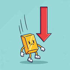 Sad Gold Bar Falling Down with Red Arrow Symbolizing Decline.