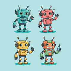 Set of Four Cute Cartoon Robots with Different Colors and Poses.