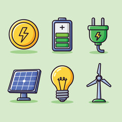 Set of Icons Representing Renewable Energy Sources and Electricity.