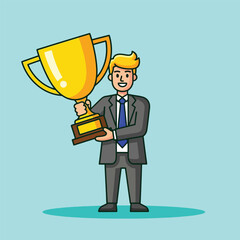 Successful Businessman with Golden Trophy.
