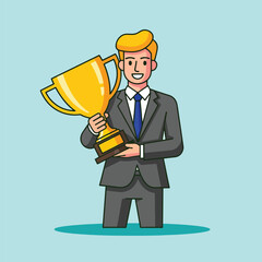 Successful Businessman Holding a Golden Trophy Award.