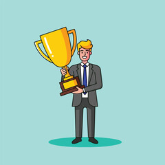 Successful Businessman Holding a Golden Trophy.
