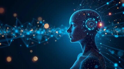 Digital human head in profile with glowing neural network connections and data points, futuristic ai visualization on blurred tech dashboard background - Powered by Adobe