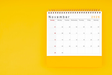 November desk calendar for 2026 year. Blank calendar for your appointment or reminder.