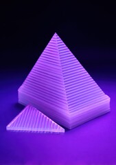 Two layered pyramids with glowing lines, illuminated with purple light on a dark surface