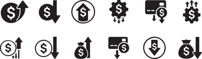 Cost reduction icon set in silhouette style showing low cost money savings and budget control.