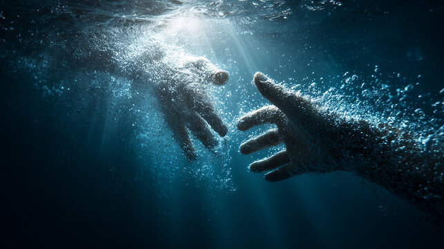 Two human hands reaching for help underwater with dramatic light rays and bubbles in deep sea scene