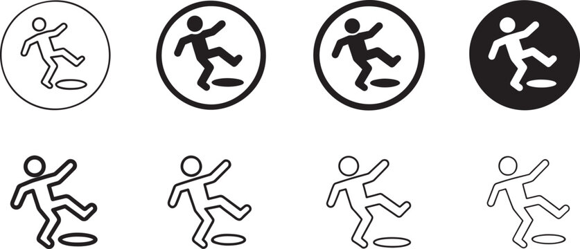 Man tripping icon in bold and outline silhouette style for warning, safety and risk concepts.
