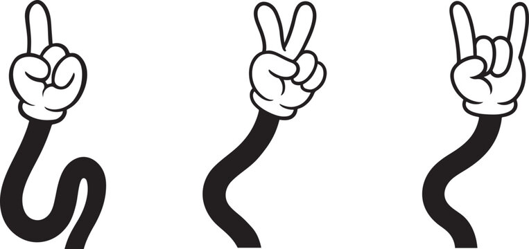 Retro cartoon hand icons in bold silhouette style for vintage design, comics and fun UI.