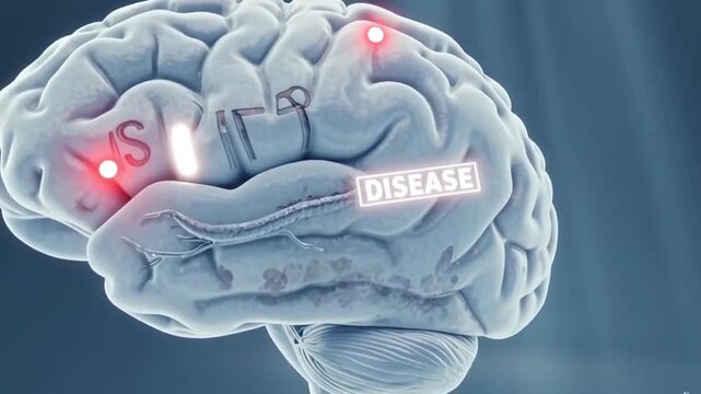 3D brain model visualization showing the brain surface with circulatory and capillary systems, highlighting medical concepts such as blood flow, disease, stroke, and heart attack.