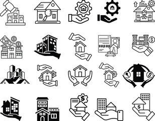 Fototapeta premium Real Estate and Property Management Icon set. Home, Housing, Investment and Mortgage Symbols. Property for sale, land plot zoning, and building construction concepts.