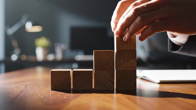 Hands stacking wooden cubes upward like steps on office table