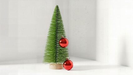 Mini Bottle Brush Christmas Tree with Red Baubles on White Background
