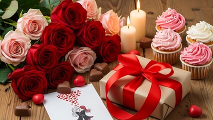 Festive Valentine&rsquo;s Day Composition with Roses, Candles and Gifts
