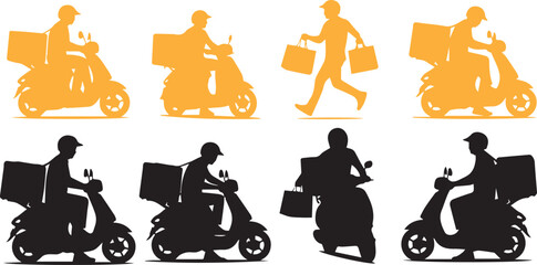 Silhouettes of delivery workers on scooters and on foot