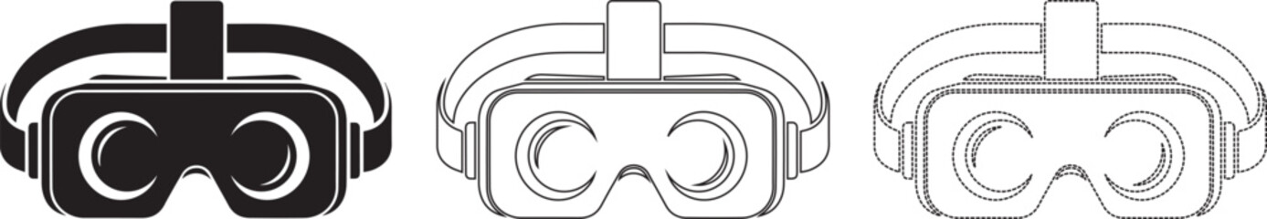 Three virtual reality headsets in different styles and colors