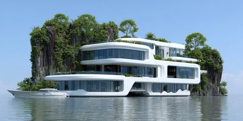 Futuristic, white multi-story dwelling with curved glass windows on a rocky, tree-covered island