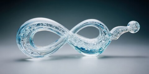 A glassy, infinity-shaped sculpture with bubble-like inclusions, resting on a gray surface