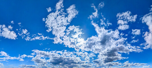 Cloud outlines fill all space of sky mysterious forms contours. A fantasy of someone looking at the sky. A large panoramic painting of clouds against a blue background.