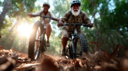 Two seniors exuberantly ride their mountain bikes through a sun-dappled forest, embodying the spirit of adventure and the joy of active living despite their age.