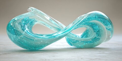 A swirling turquoise infinity symbol, with flecks, rests on a textured surface
