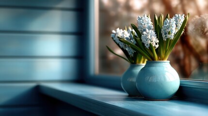 Two beautiful hyacinth flowers bloom in stylish blue pots near a window, showcasing nature’s elegance and bringing vibrancy and charm into an indoor space.