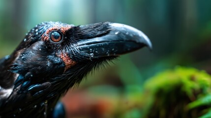 Obraz premium An intense close-up of a raven's face reveals intricate details and textures, embodying the mysterious allure of wildlife while invoking curiosity in a captivating natural environment.