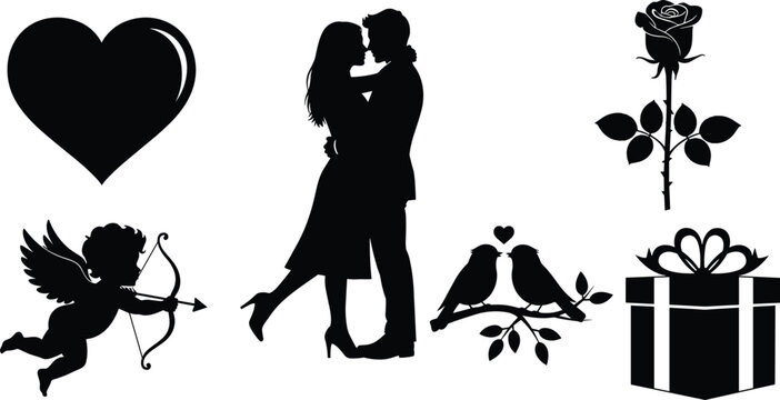 Love silhouette icons, heart, couple kiss, rose, birds, cupid, gift box, Valentine&rsquo;s Day vector, romantic symbols, passion, affe