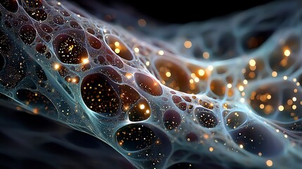 Abstract glowing cellular network of matter with bright orange particle lights.