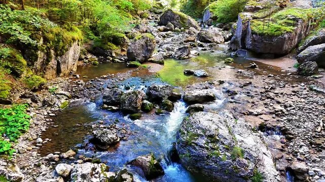 Aerial drone video of Bicaz River in Bicaz Gorges, Romania