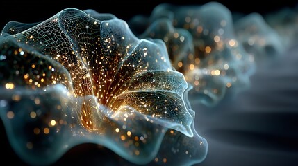Abstract glowing network of translucent material with golden bokeh lights.