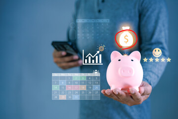 Man holding piggy bank and smartphone with financial icons. Concept of saving money, smart...