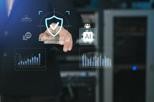 Businessman touching shield icon with AI chip in server room. Concept of cybersecurity, data protection technology, artificial intelligence safety, and secure network management system. - Powered by Adobe