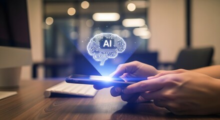 Hands using smartphone to interact with AI brain hologram on desk