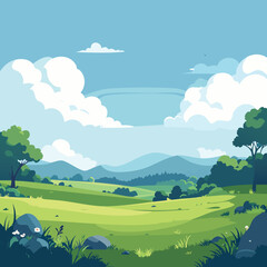 Obraz premium A vibrant summer nature illustration featuring a rolling green field and meadow under a blue sky with clouds, depicting a rural countryside landscape with hills, trees, and a sunlit horizon