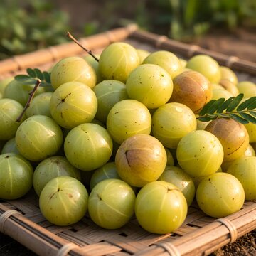Lots of fresh amla emblica Indian gooseberry fruits on a green vegetable background, amla, emblica generated by AI