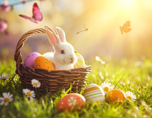 White bunny in basket with Easter eggs outdoors. White Easter bunny sitting in a basket with colorful eggs on green grass in warm sunlight. Outdoor spring scene with joyful holiday mood.