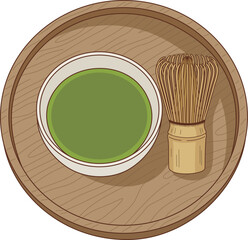 Minimalist Illustration of Matcha Green Tea Bowl and Bamboo Whisk on a Circular Wooden Tray 