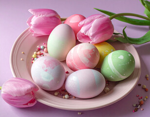 Pastel Easter eggs with tulips on plate. Colorful pastel Easter eggs arranged on a plate with pink tulips and sugar sprinkles. Elegant spring still life with soft holiday styling.