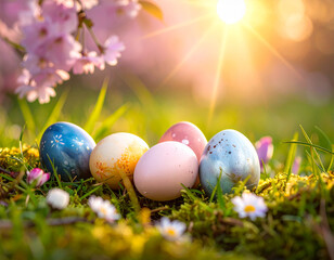 Colorful pastel Easter eggs resting in fresh spring grass with warm sunlight and blossoms in the background. Natural outdoor Easter scene with soft bokeh and seasonal atmosphere.
