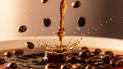 Freshly roasted coffee beans splashing into a rich, dark brew with ripples and a beautiful splash of liquid