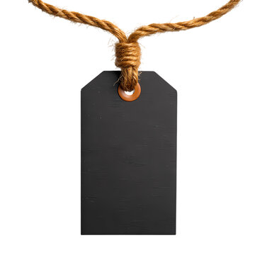 Blank black tag with brown string simple Isolated on transparent background