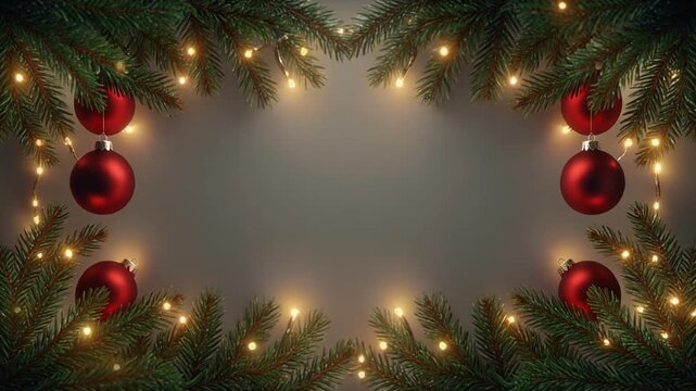 Pine branches with red ornaments and string lights forming a festive border. Perfect for holiday cards, christmas flyers, and winterthemed designs.