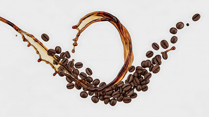 Abstract swirl of rich brown coffee beans and splashing liquid against a clean white background