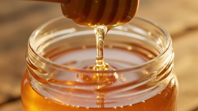 Honey Dripping from Wooden Dipper into Jar.