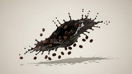 Capturing the exhilarating moment of coffee and beans in a powerful, dark splash, symbolizing the intense and invigorating essence of a fresh brew